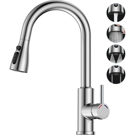 Robinet de Cuisine Mitigeur Évier, Escamotable avec 4 Douchette Modes,Rotation de 360°,Arc haut(187mm), Haute pression,1 trou,G3/8,Poignée unique Acier inoxydable Robinet,Nickel (1/5)
