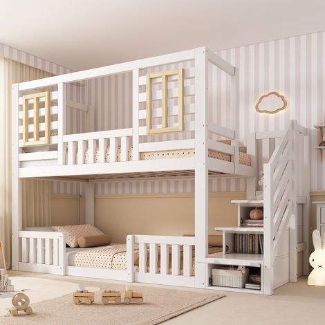 Lit Superposé Cabane 90x200 cm - Lit Enfant Style Maisonnette Blanc avec Fenêtres en Bois, Escalier de Rangement et Sommiers