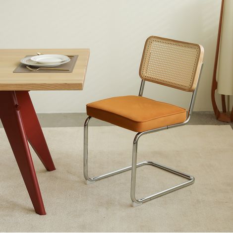 Esszimmerstuhl aus Rattan, orangefarbenem Samt, Chromgestell, stapelbar (1/5)