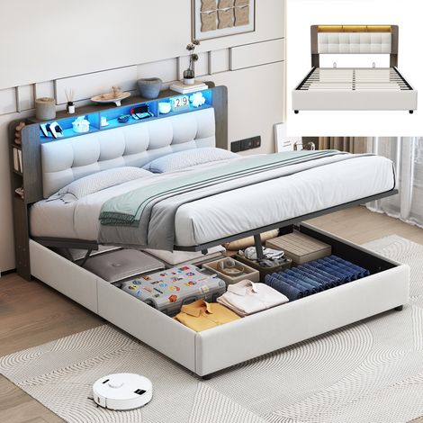 Letto contenitore 140x190 cm, velluto, capitonné, rete a doghe in legno massello, illuminazione LED, testata del letto multifunzionale, grande spazio di stoccaggio - Beige