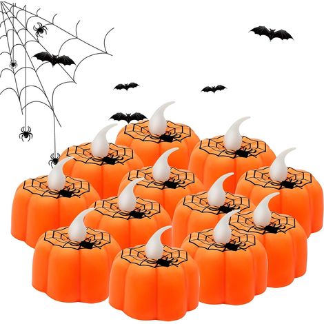 Lanternes à thé en forme de citrouille pour Halloween, 12 bougies sans flamme et des bougies LED orange pour décorer les fêtes d'Halloween et de Thanksgiving. (1/5)