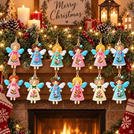 Pendentif ange en bois brodé 2D, décorations pour sapin de Noël (1/5)