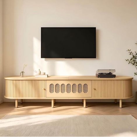 Meuble TV 180 x 40 x 40 cm, bois clair, MDF, portes à volet, finition naturelle (1/5)