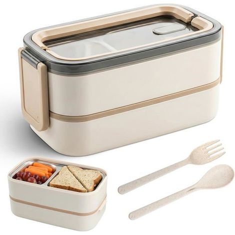2-stöckige Lunchbox aus Edelstahl 304 mit Besteck, 1400 ml, mikrowellengeeignet, für den Transport von Speisen (1/5)