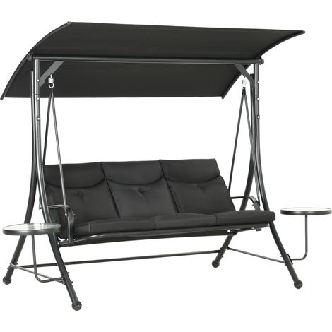 Balançoire Hollywood, banc suspendu, balancelle de jardin 3 places avec pare-soleil réglable, 278 x 135 x 177 cm, noire (1/5)