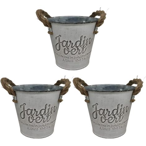 Set di vasi Relaxdays, 3 vasi "Giardino verde", H x D: 12,5 x 14 cm, vaso per erbe aromatiche, metallo e juta, argento
