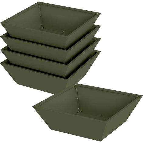 Lot de 5 cache-pots trapézoïdaux modernes jardin terrasse 50 x 50 x 15 cm en acier vert olive (1/4)