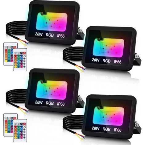 4 projecteurs LED RGB 20W, étanches IP66 avec télécommande, 16 couleurs, pour extérieur et décoration d'ambiance