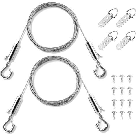 Kit de Suspension pour Tableaux, 2 Câbles Réglables de 2 m x 1 mm avec Crochets, 4 Anneaux en D et 12 Vis, Câble en Acier Inoxydable pour Toiles, Miroirs, Cadres et Décoration Murale (1/5)