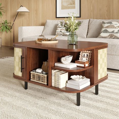 Couchtisch 80 x 60 cm, Beistelltisch mit Stauraum, geschwungene Form und geflochtene Oberfläche, 2 Schubladen