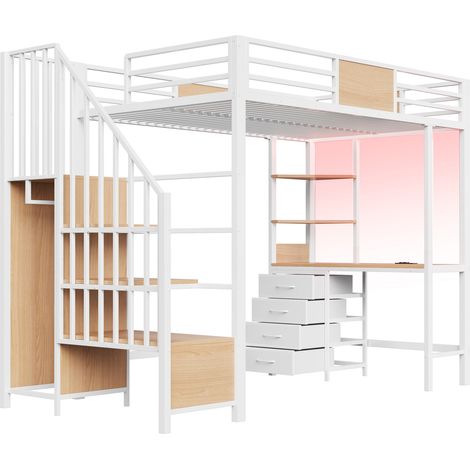 Cama alta 90 x 200 cm de metal con escritorio, almacenaje, perchero, LED y enchufe - blanco (1/5)