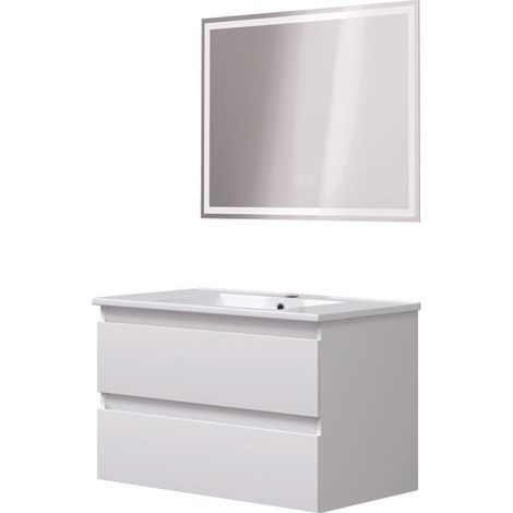 ONDEE - Mueble de baño colgante LILA - 80 cm - 2 Cajones - Blanco - Espejo LED LAURA (1/4)