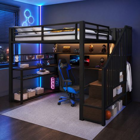 Letto a soppalco 140x200 con LED, scrivania, armadio e vani, nero OKMYHOME (1/5)