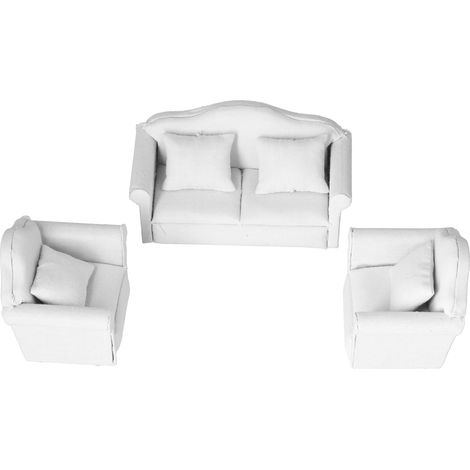Canapé miniature blanc pur 3 pièces pour maison de poupée 1:12, ensemble meubles salon miniatures blancs (1/5)