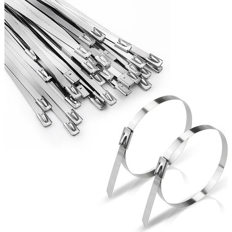 50 fascette autobloccanti in acciaio inox, 400 mm x 4,6 mm, fascette autobloccanti metalliche color argento (1/5)