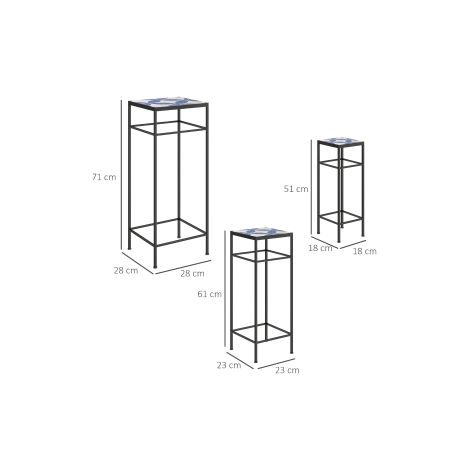 Ensemble de 3 porte-plantes bleu et blanc en métal, tailles variées, avec étagères, pour salon, jardin et balcon (1/5)