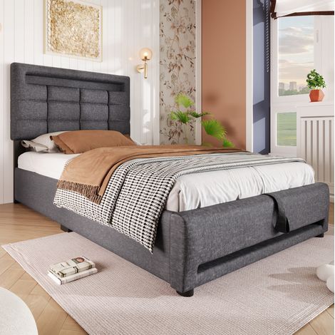Bett mit Stauraum 90x200 Leinen Grau HAVRYA (1/5)