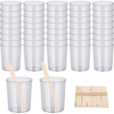 Kit de 90 Gobelets de Mélange Époxy, 40 Gobelets Gradués Transparents avec 50 Bâtonnets D'Agitation en Bois 100 Ml (1/4)