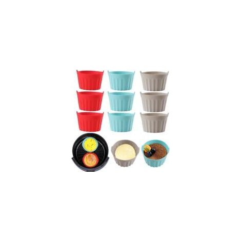 9-teiliges Silikon-Zubehörset für Heißluftfritteusen, Heißluftfritteusen-Tablett, Mafin-Becher, Kuchenform, Eierkuchenform, Silikon-Backformen, Rot + Grau + Blau (1/5)