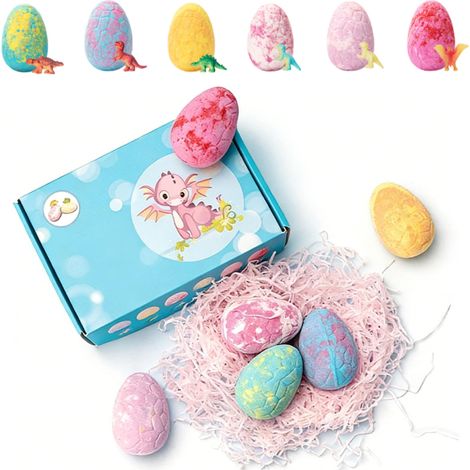 Coffret cadeau de 6 bombes de bain en forme d'œufs de dinosaures - Bombes de bain effervescentes à couleur changeante avec des jouets dinosaures surprises à l'intérieur, sel marin naturel et formule d (1/5)