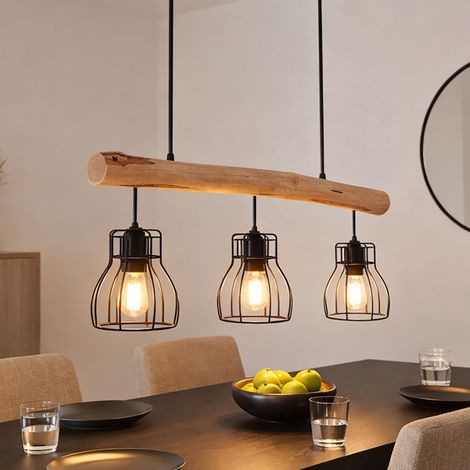 Pendelleuchte Hängeleuchte Esszimmerleuchte Deckenleuchte Wohnzimmerlampe, Holz Balken, Rustikal Vintage Retro, 3-Flammig, L 60 cm