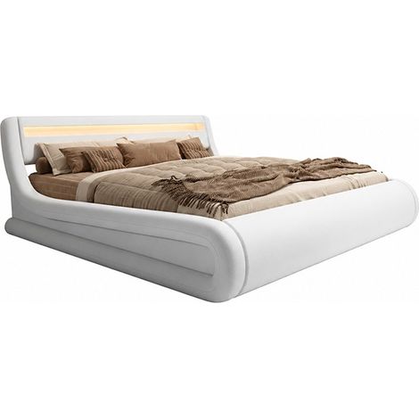 Cama Canapé de matrimonio Cama doble con Cabecero y Canapé LED Somier lamas Blanco Madera y polipiel Modelo Rodas Para Colchón 180x200 (1/5)