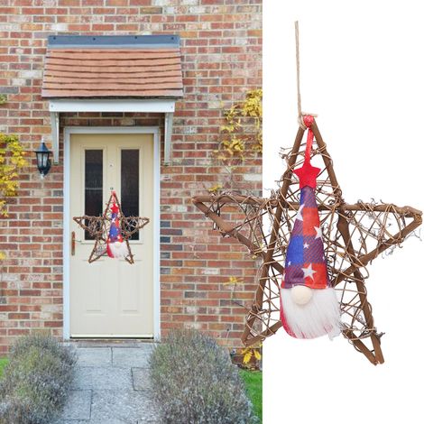 Couronne de porte pour la fête de l'indépendance américaine, poupée sans visage, étoile à cinq branches en rotin, décoration murale, style A (1/5)