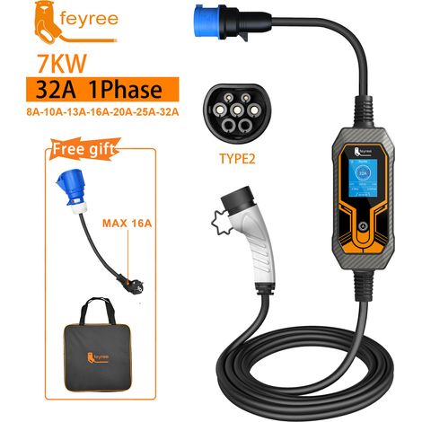 Chargeur EV Portable Feyree Type 2, 8A-32A Réglable, Protection Multiple IP65, Écran LCD, Câble 5m (Personnalisable), Garantie 2 Ans - Adaptateur Gratuit Offert, pour Voitures Électriques Hybrides Rec (1/5)