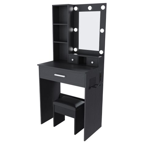 Coiffeuse noire avec miroir LED 3 couleurs, port USB et support pour sèche-cheveux 60×40×131,5cm, ensemble coiffeuse + tabouret de rangement pour chambre