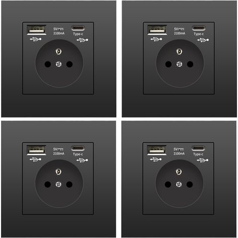 Lot de 4 prises murales avec USB et Type-C, 5 V 2,1 A, prise USB encastrée standard UE, multiprise France, 110-250 V (noir) (1/5)