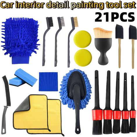 Juego de 21 cepillos para lavar coches, que incluye un cepillo para las rejillas de ventilación, un cepillo para limpiar las ruedas y un cepillo para zonas de difícil acceso. (1/4)