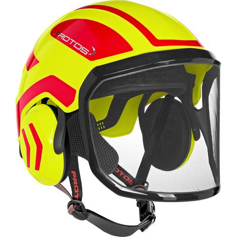Protos – Casque forestier de protection KOX Integral Arborist F39 – Norme EPI – Coque cervicale profonde pour maintien sécurisé – Jaune fluo/rouge (1/2)