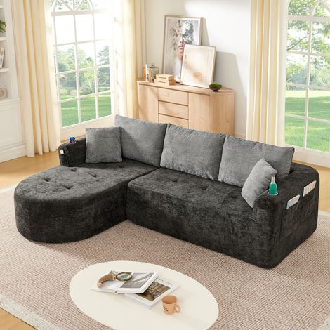 Divano angolare a L 255x170x67 cm in tessuto nero, modulare con contenitore FloraGrace (1/5)
