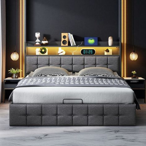 Cama Doble 140x190 cm - Cofre Hidráulico - Tela Gris - LED RGB - Recarga USB-C/USB 15W
