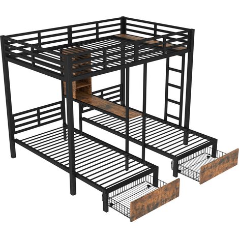 Metall- und MDF-Hochbett schwarz 140 x 200 + 90 x 200 cm mit Stauraum, 2 Schubladen und Regalen (1/5)