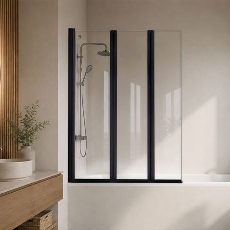 Mampara de ducha para bañera 100 x 140 cm PETRA, 3 paneles plegables, perfiles negro mate, cristal templado transparente 6 mm - Moments of Glass