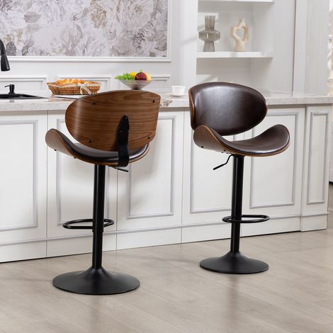 Lot de 2 Tabourets de Bar Vintage - Pivotants à 360° - Structure en Bois Courbé & Similicuir Marron - Hauteur Réglable - Style Industriel & Mid-Century