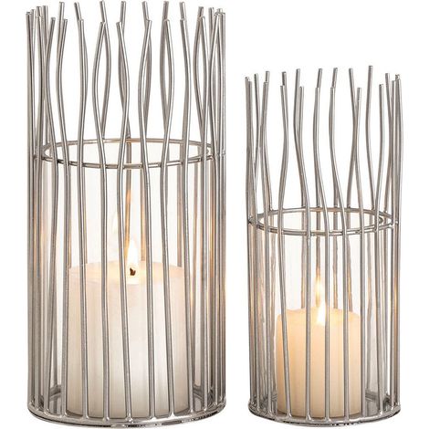 Lot de 2 Lanternes Photophores Bougeoirs en Fil d'Aluminium et Verre Noir ou Argenté - PANGIVO