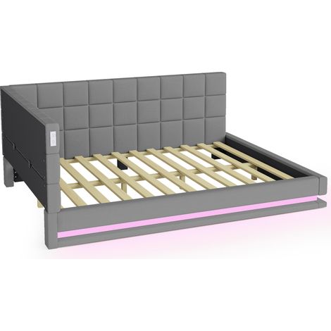 Cama tapizada convertible 140 x 200 cm con tira LED USB y somier de láminas gris HOMVRA (1/5)
