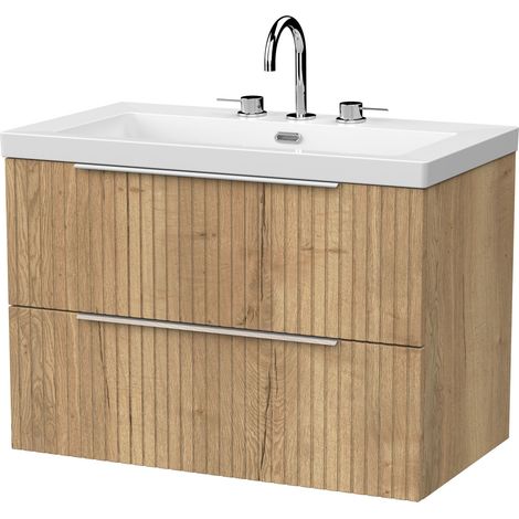 Callingwood Contemporary Wall Hung 2 Drawer Vanity Unit with 3 Tap Hole Fireclay Basin , 800mm, Autumn Oak