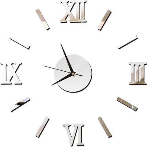 Sticker mural horloge miroir 3D, chiffres romains, acrylique, papier peint décoratif (Couleur : argent) (1/5)