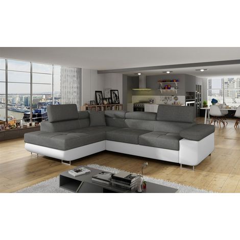 Ecksofa Schlafsofa SARRA Stoff Soft- Sawana Weiß-Dunkelgrau Ottomane Links (1/5)