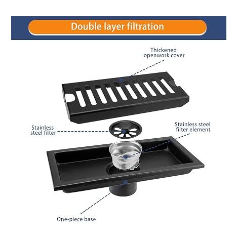 Filtre Douche - 20 X 10 cm Caniveau De Douche - Noir Siphon De Sol Avec Grille En Acier Inoxydable - Convient Pour WC - Salle De Bain (1/5)