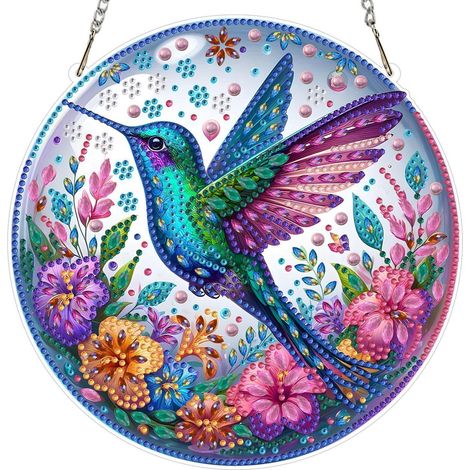 Diamond Painting Anhänger Kolibri mit Kristallball, Fensterbild, Hängendes Ornament 20x20cm (1/4)