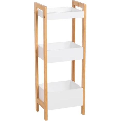 Étagère - JUANIO - 3 niveaux Blanc/Bambou - 28x20x74 cm - 5 kg/étagère - MDF laqué (1/2)