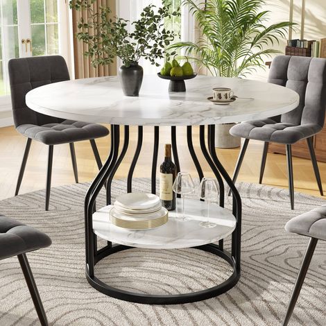 Table ronde 80x80x76 cm mdf marbre noir, rangement central, 4 personnes, cuisine ou salon (1/5)
