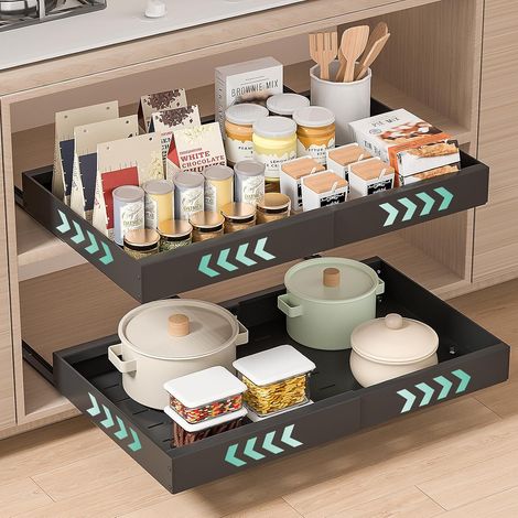 Set of 2 Pull-Out Kitchen Drawers: Expandable Cupboard Storage Black Sliding Tray with Adjustable Width (32-53 cm W x 43 cm D x 7 cm H) – No Drilling Required (1/5)