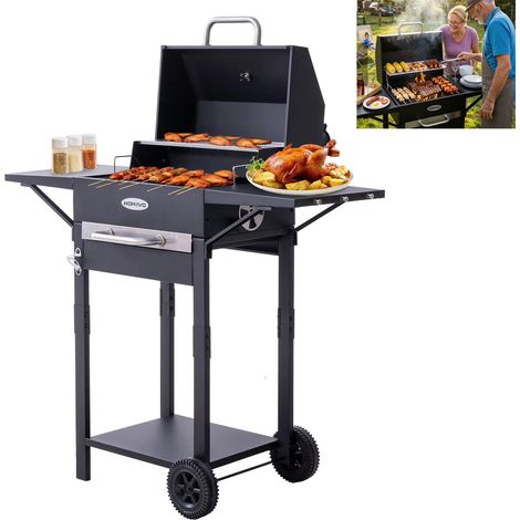Barbecue au charbon avec grille émaillée, grille de maintien au chaud, accessoires de cuisson, barbecue de camping, tablette latérale et roulettes