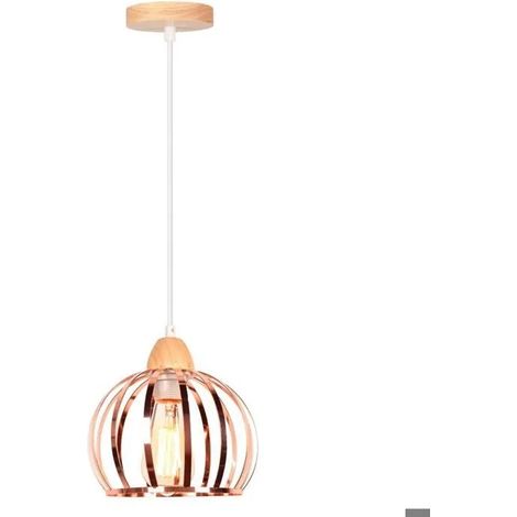 Lustre Suspension - - Vintage Industriel - Métal et Bois - Or Rose - E27 60W (1/5)
