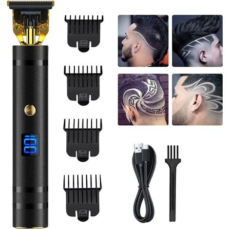 Tondeuse Cheveux Hommes, Tondeuse Barbe Electriques Professionnelle, Sans Fil Tondeuse à Cheveux de Précision 0mm Rasoir Barbe Tondeuse Kit avec Affichage LED pour Usage Domestique et Salon(Noir) (1/5)